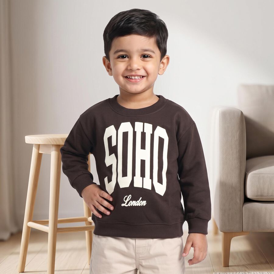 Boys' Brown Crew Neck Graphic Print Sweatshirt, Brown, large