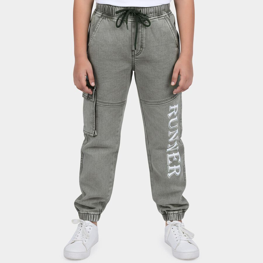 Boys' Olive Green Jogger Fit Cargo Printed Jeans, Olive, large