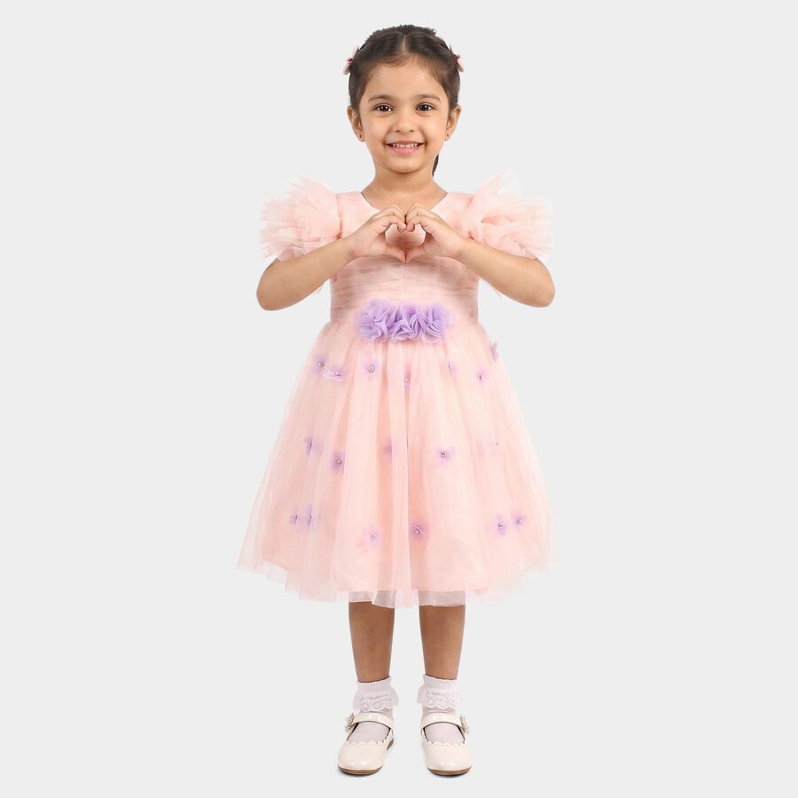 Girls' Pink Fit and Flare 3D Floral Applique Party Wear Frock, Light Pink, large