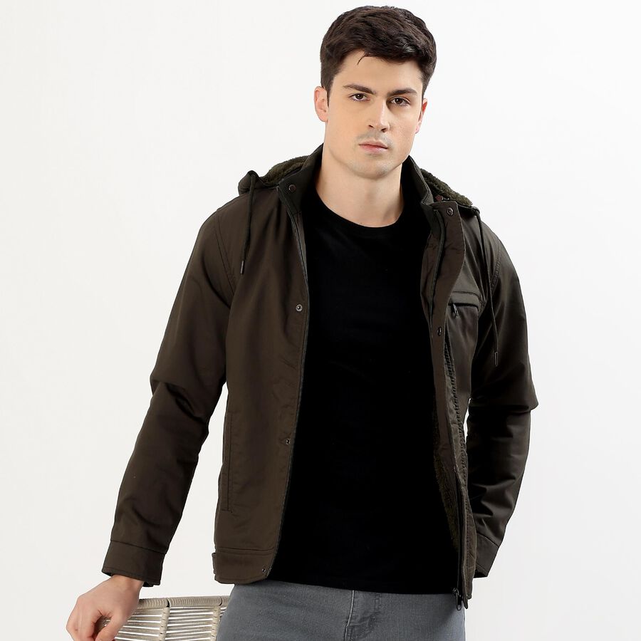 Men's Dark Olive Hooded Casual Jacket, Dark Green, large image number null