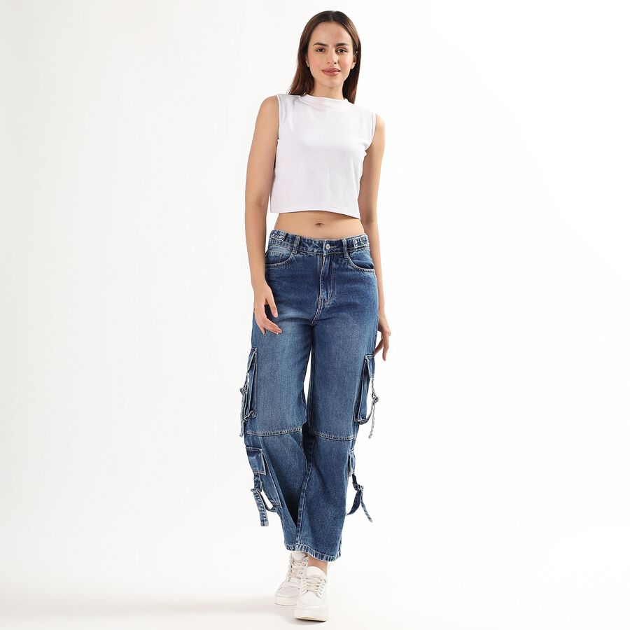 Ladies' 100% Cotton High Rise Jeans, Mid Blue, large image number null