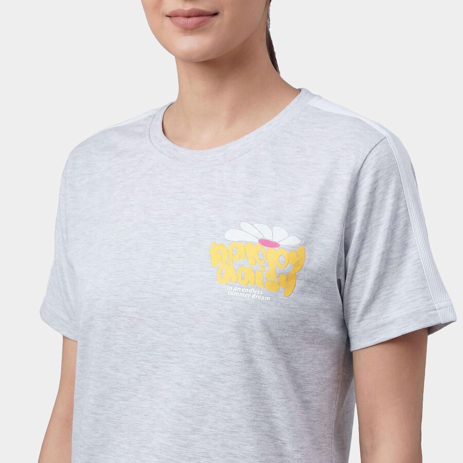 Women's Grey Round Neck Casual T-Shirt, Melange Light Grey, large