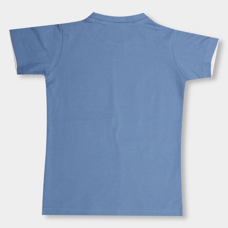 Boys Muted Steel Blue Cotton Round Neck Half Sleeve T-Shirt, मध्यम नीला, large image number null