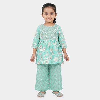 Girls Mint Green Round Neck Fusion Set Fusion Set