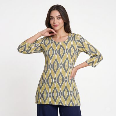 Women's Olive Green Round Neck Ikat Printed Kurti