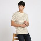 Men's Cream Round Neck Striped Regular T-Shirt, ऑफ व्हाइट, small