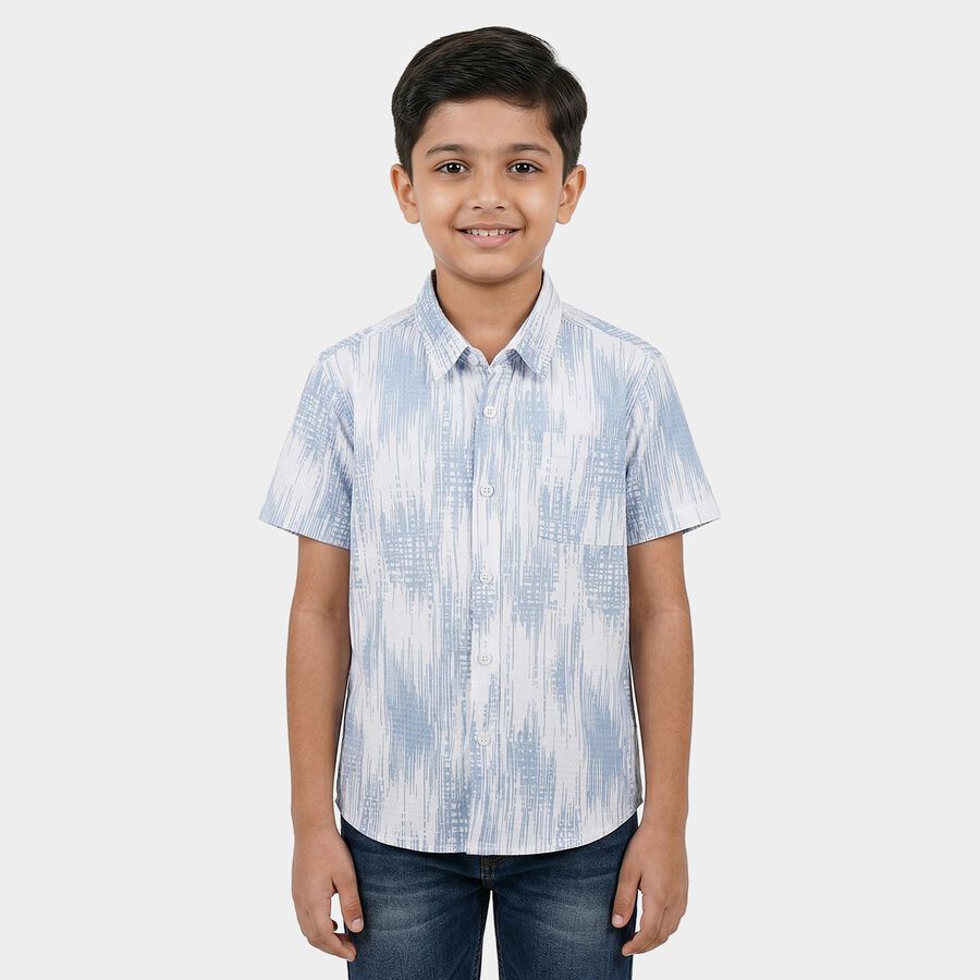 Boys White Printed Half Sleeve Classic Casual Shirt, सफ़ेद, large