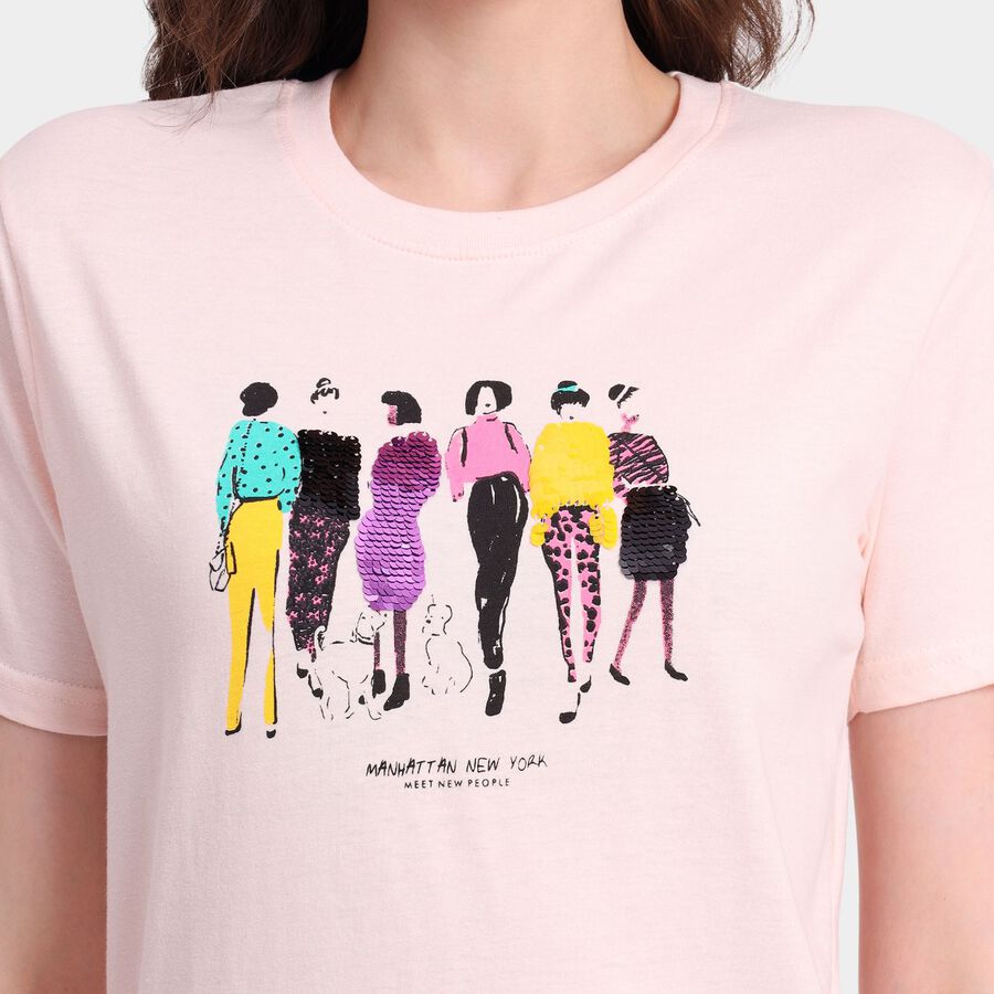 Ladies' Cotton Round Neck T-Shirt, Pink, large image number null