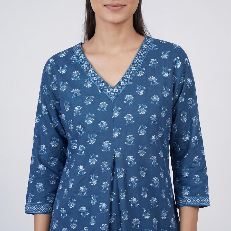 Women's Blue Round Neck Straight Kurti, मध्यम नीला, large