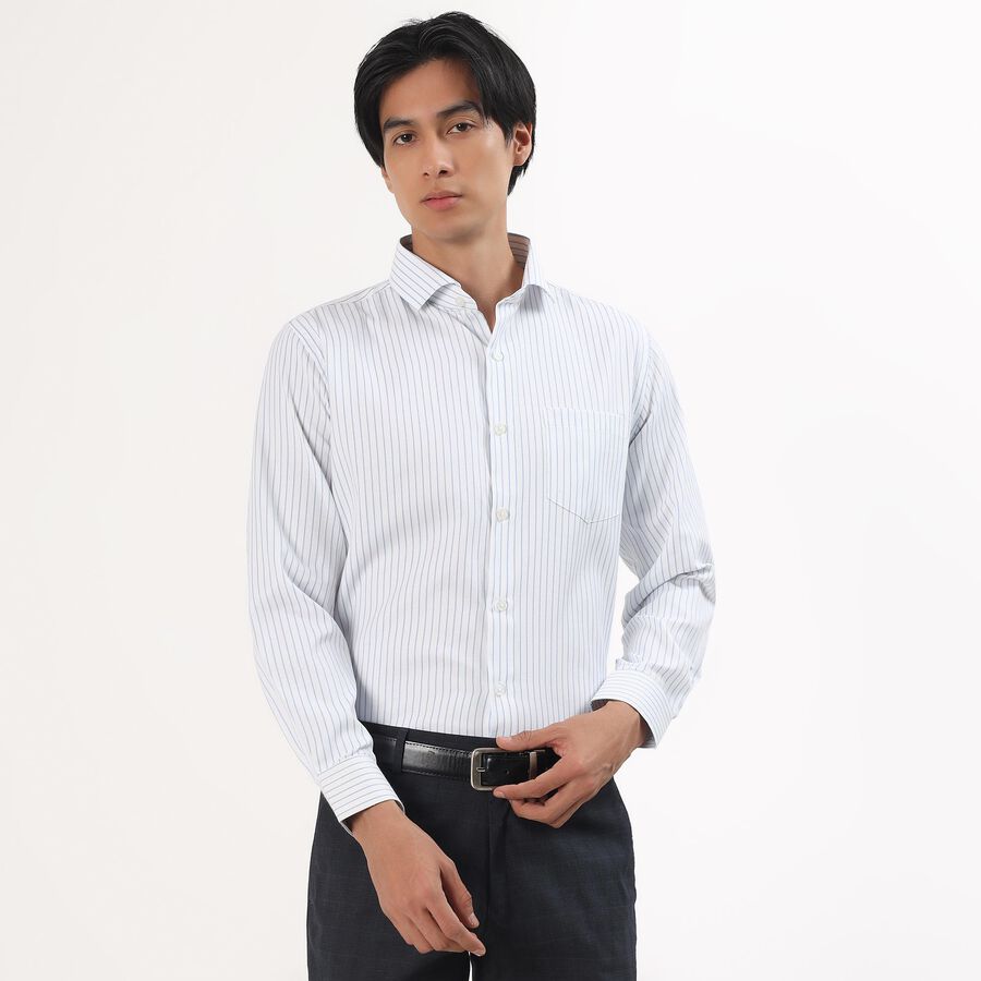Men's White Cotton Blend Full Sleeve Button-Down Collar Formal Shirt, मध्यम नीला, large image number null