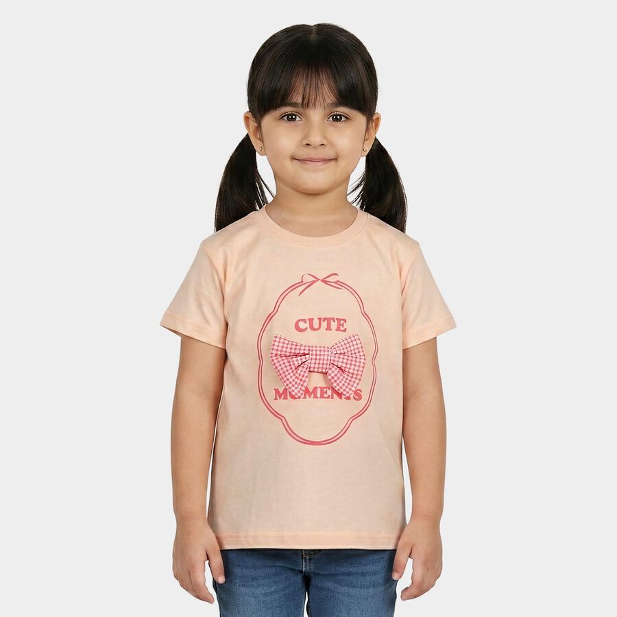 Girls Light Pink Cotton Round Neck Casual T-Shirt, Light Pink, large