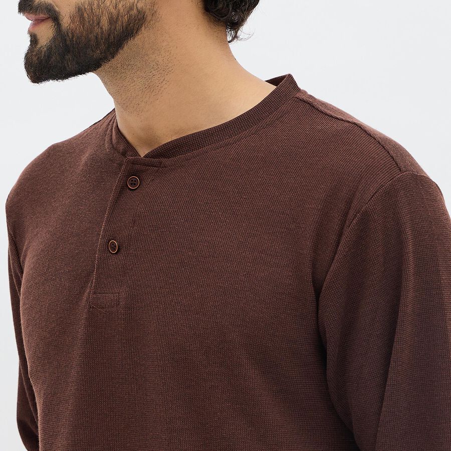 Men's Rich Brown Henley Neck Casual T-Shirt, Brown, large image number null