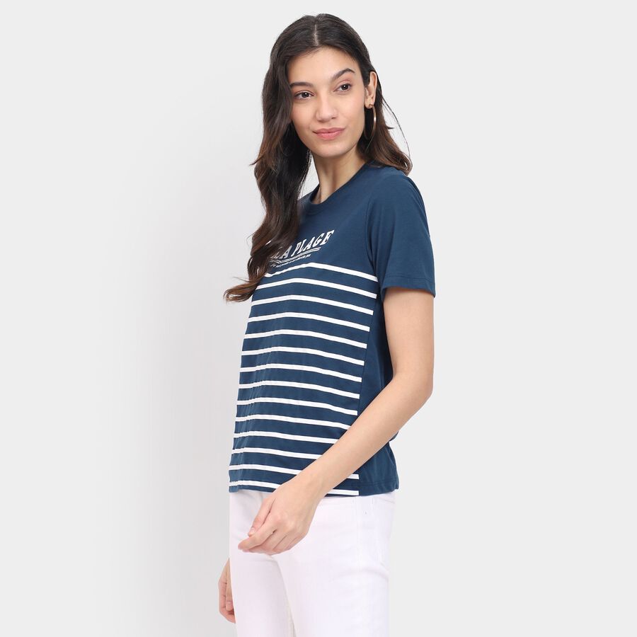 Ladies'  Stripes Round Neck T-Shirt, नेवी ब्लू, large image number null