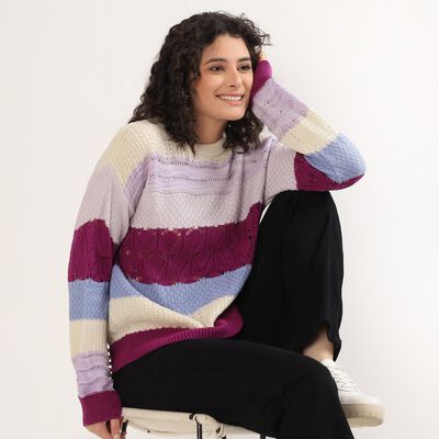 Women's Multicolor Crew Neck Knit Pullover