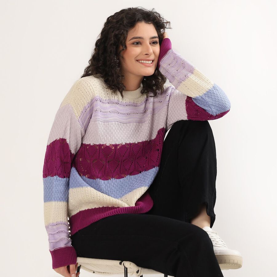 Women's Multicolor Crew Neck Knit Pullover, Lilac, large image number null