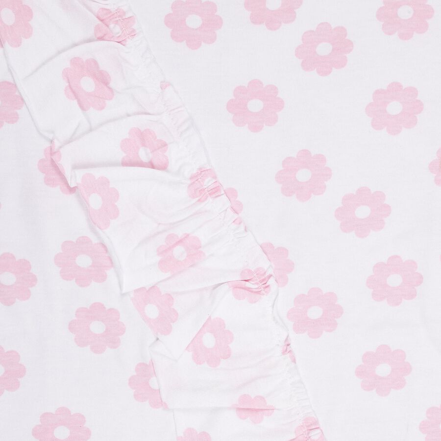 Girls' White Cotton Round Neck Floral Printed T-Shirt, सफ़ेद, large