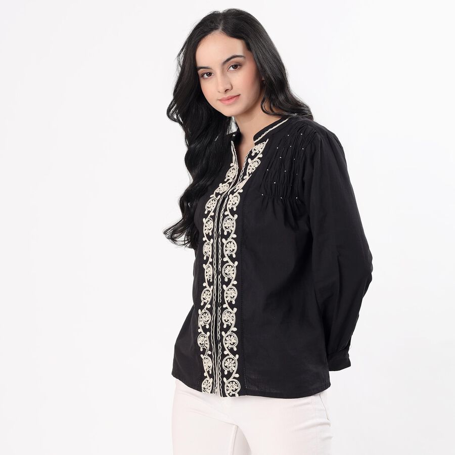Women's Jet Black Cotton Mandarin Collar Casual Shirt, Black, large