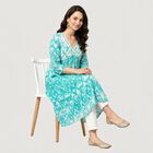Women's Aqua Cotton V-Neck Printed Kurta, एक्वा, small