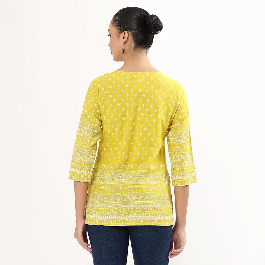 Women's Bright Yellow Round Neck Placement Printed Kurti, Yellow, large image number null