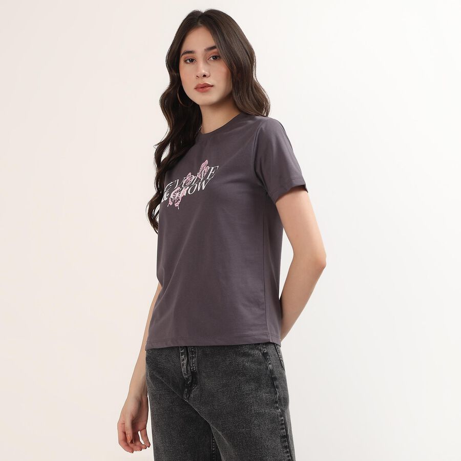 Women's Dark Grey Round Neck Casual T-Shirt, Dark Grey, large