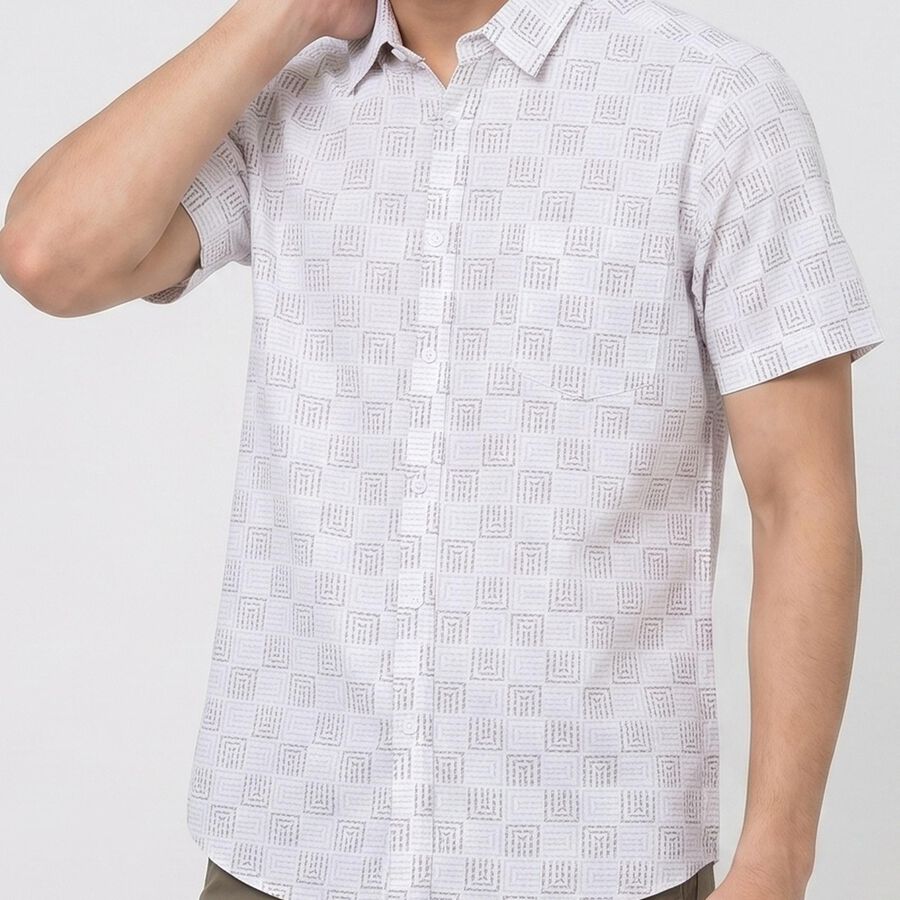 Men's White Cotton Short Sleeve Spread Collar Regular Fit Casual Shirt, Off White, large