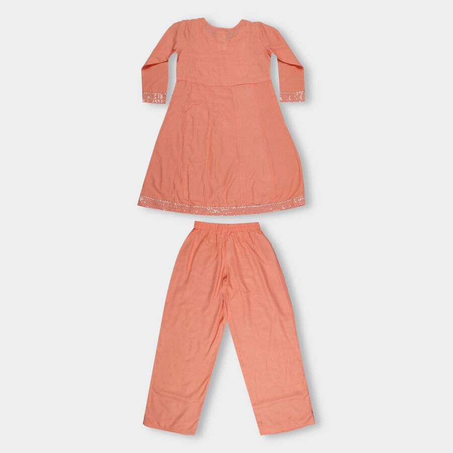 Girls' Muted Peach Embroidered Kurta and Pant Fusion Set, पीच, large image number null