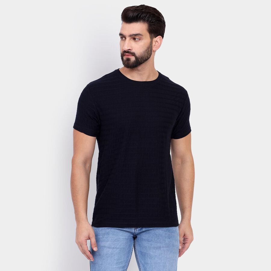 Men's Round Neck Half Sleeves T-Shirt, Navy Blue, large