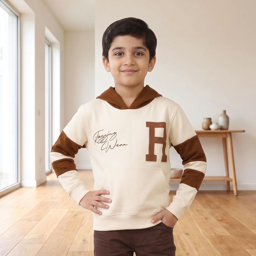 Boys' Brown Hooded Graphic Print Sweatshirt, भूरा, large