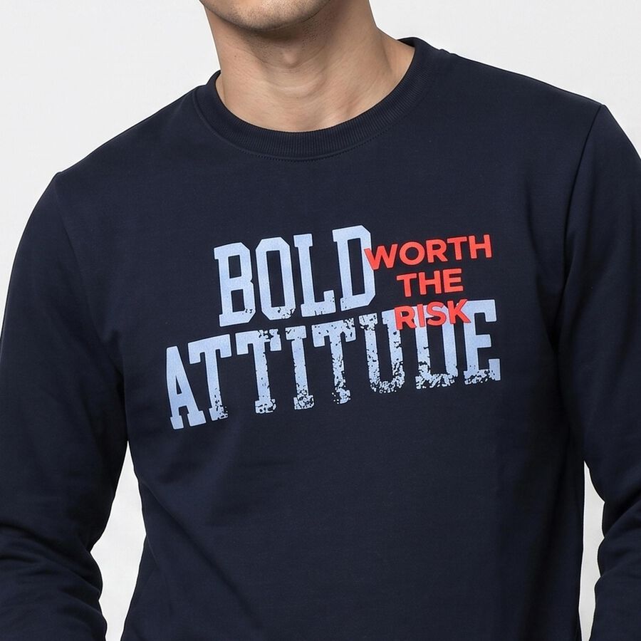Men's Navy Blue Crew Neck Printed Sweatshirt, Navy Blue, large