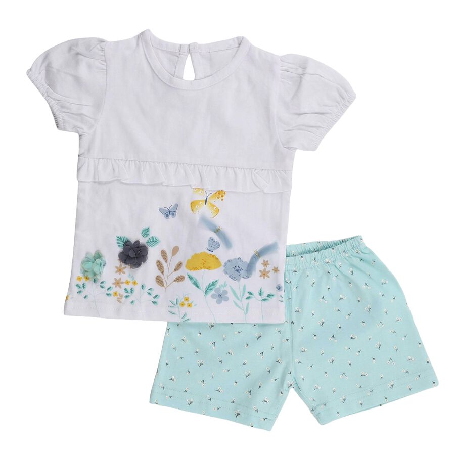 Infant Girl White Cotton Floral Top and Mint Green Shorts Set, एक्वा, large image number null