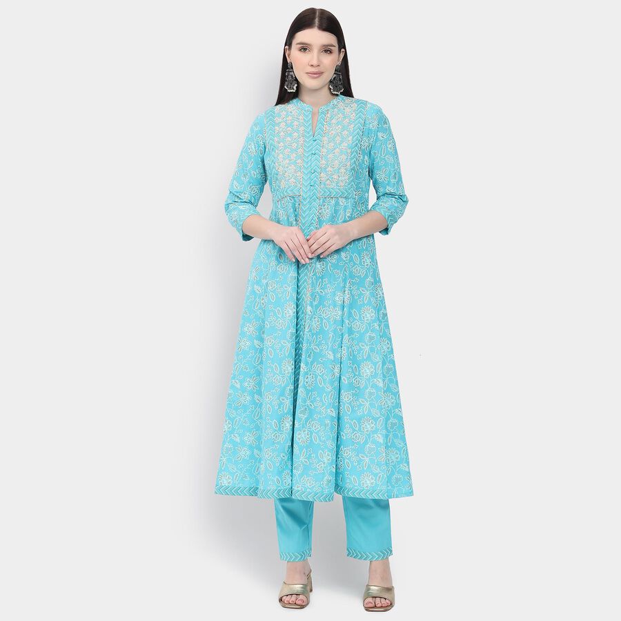 Ladies' 100% Cotton Kurta Pyjama Set with Dupatta, हल्का नीला, large image number null