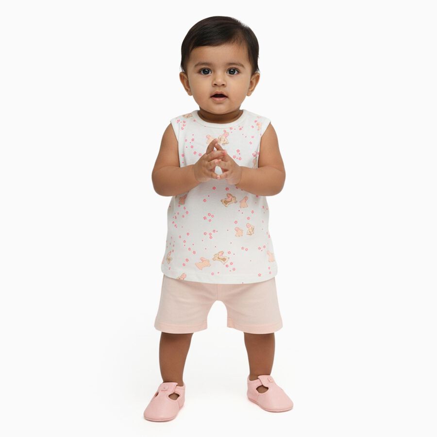 Infant White Cotton Bunny Print Sleeveless Top and Pastel Pink Shorts Set, Peach, large