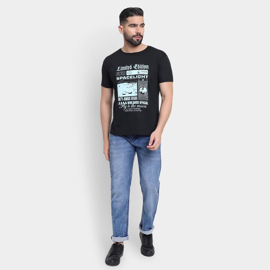 Men's Round Neck Half Sleeves T-Shirt, काला, large