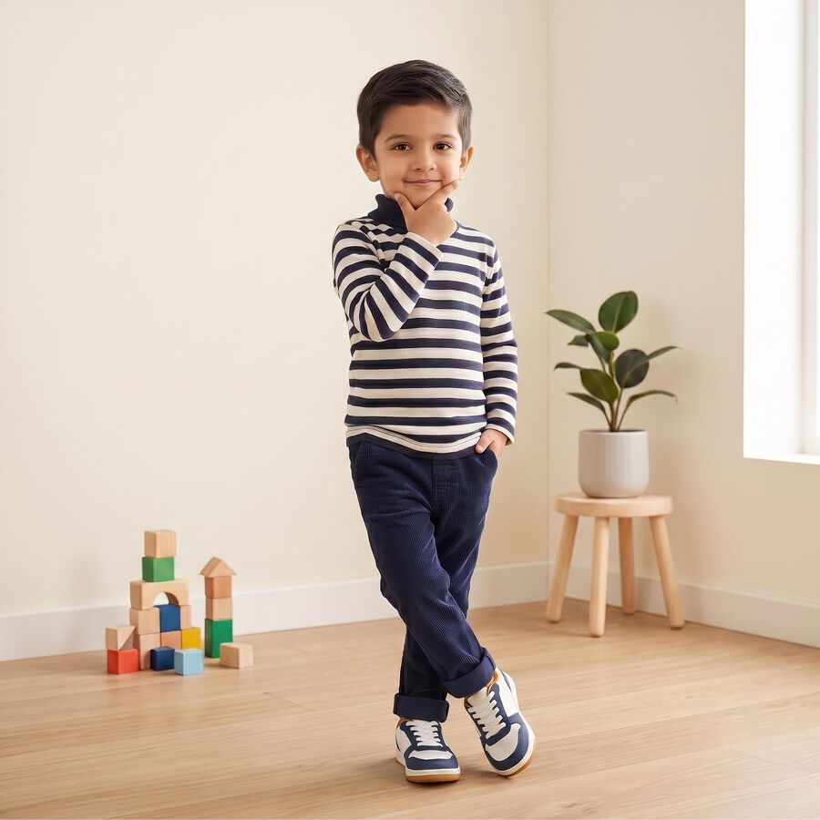 Boys' Navy Blue High Neck Striped Pullover, Navy Blue, large
