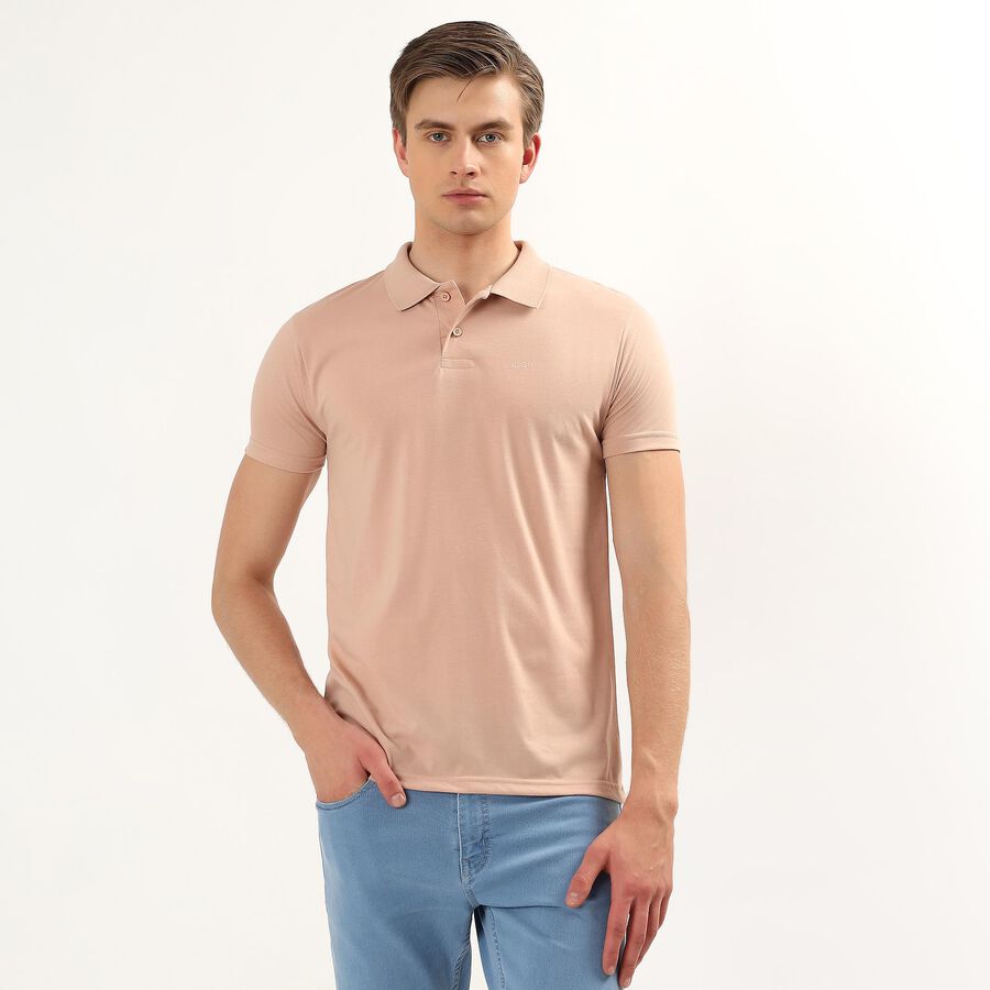 Men's Beige Polo Neck Solid T-Shirt, Beige, large