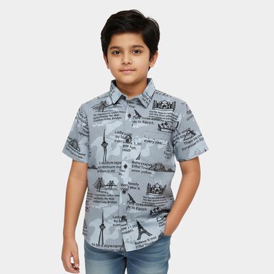 Boys' Light Grey Cotton Half Sleeve Classic Collar Casual Shirt