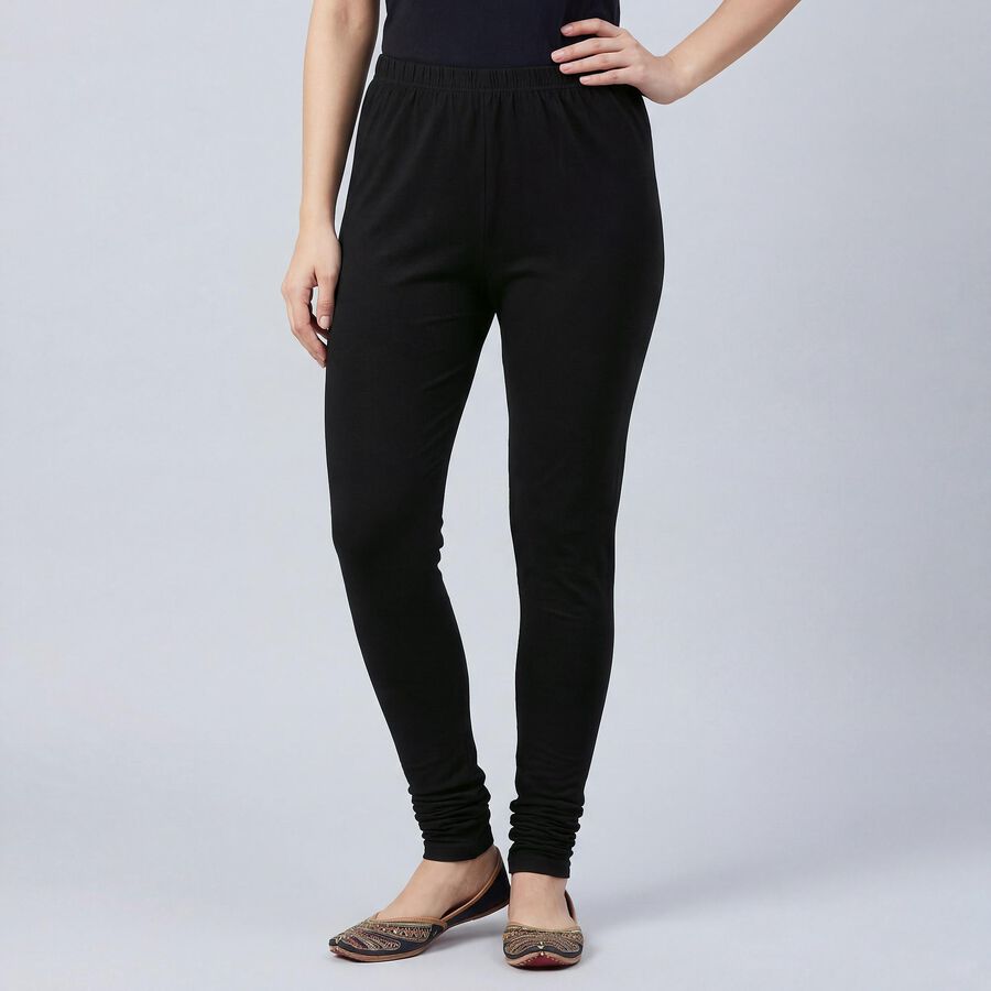 Women's Black Slim Fit Solid Cotton Blend Churidar, Black, large