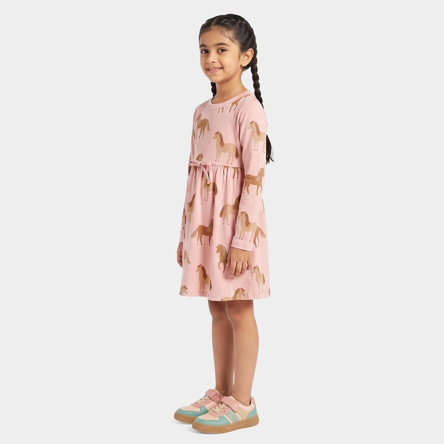 Girls Pink Horse Printed Fit and Flare Frock, Light Pink, large