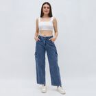 Women's Stonewashed Blue Wide Leg Cargo Jeans, मध्यम नीला, small image number null