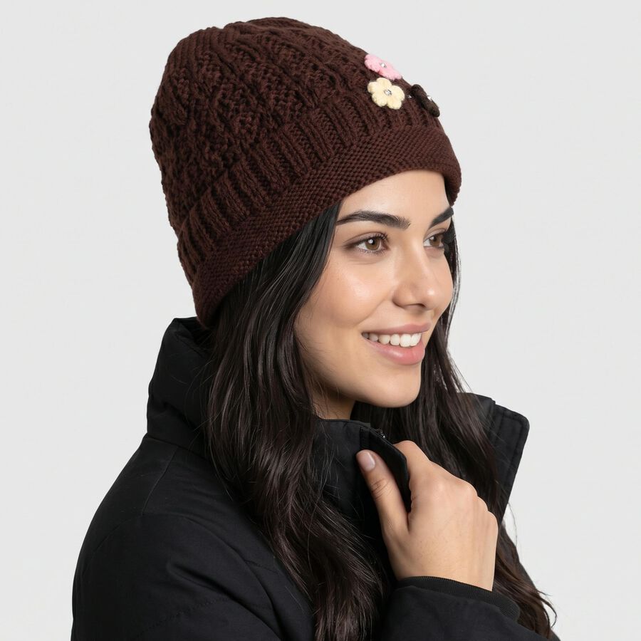 Women's Brown Floral Embellished Beanie Cap, भूरा, large