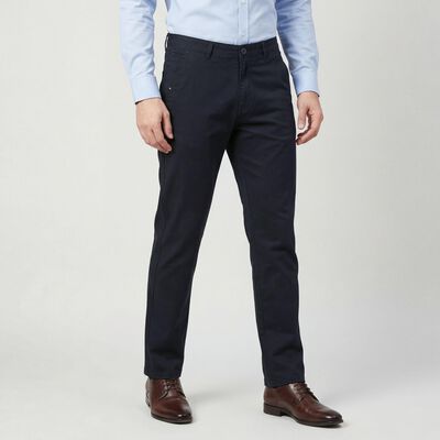 Men's Navy Blue Slim Fit Flat-Front Casual Trousers