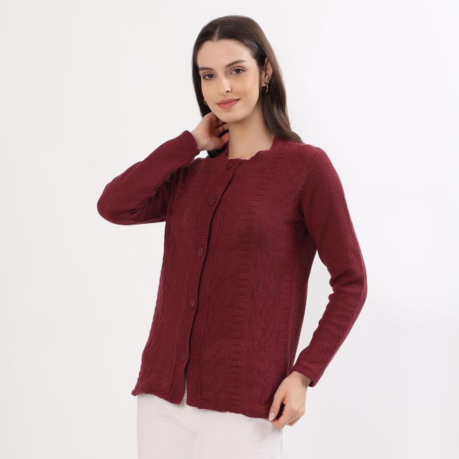 Women's Rich Burgundy Round Neck Casual Cardigan, वाइन, large image number null