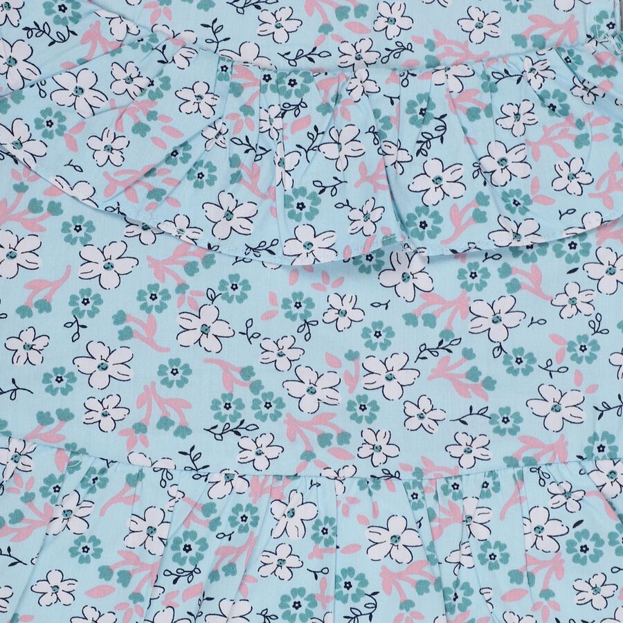 Girls' Light Sky Blue Floral Printed Flared Frock, Light Blue, large image number null