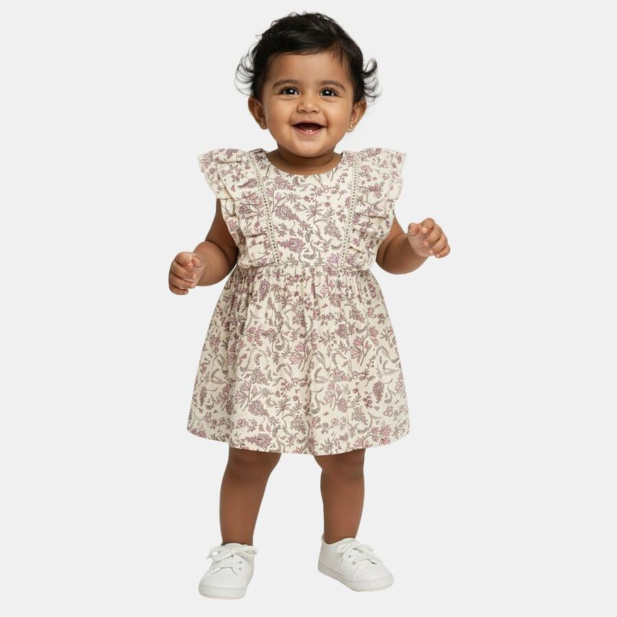 Infants' Beige Floral Printed Ruffle Fit and Flare Frock, Beige, large