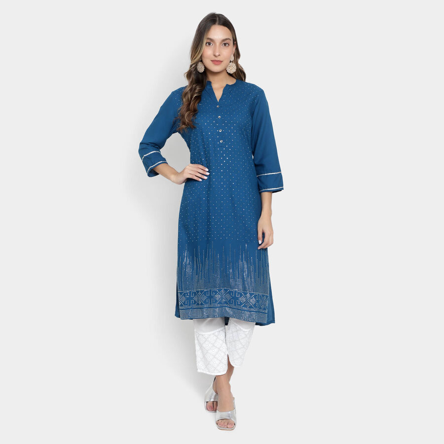 3/4Th Sleeves Straight Kurta, Mid Blue, large image number null