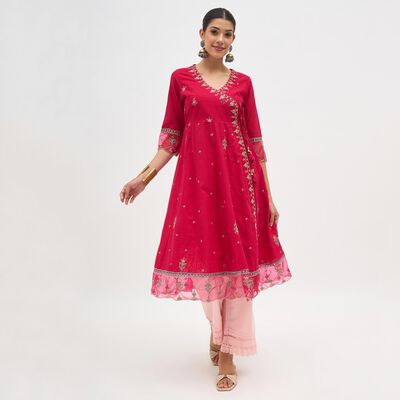 Girls' Bright Fuchsia Embroidered Flared Kurta
