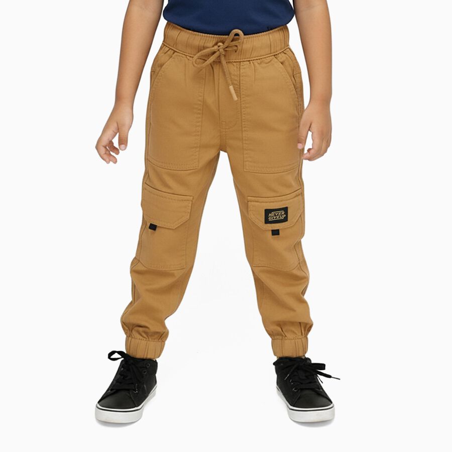 Boys Camel Brown Regular Fit Cargo Trousers, खाकी, large image number null