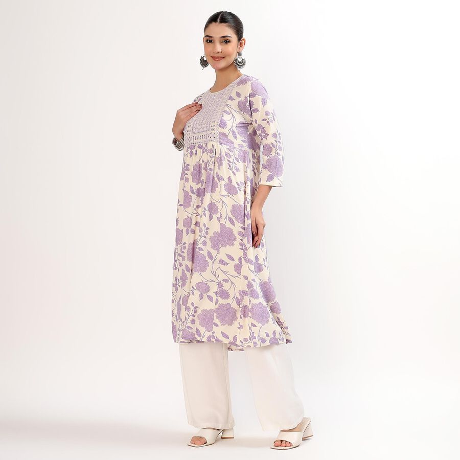 Women's Muted Lavender Purple Round Neck Embroidered Floral Kurta, Lilac, large