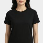 Women's Black Cotton Round Neck Casual T-Shirt, काला, small
