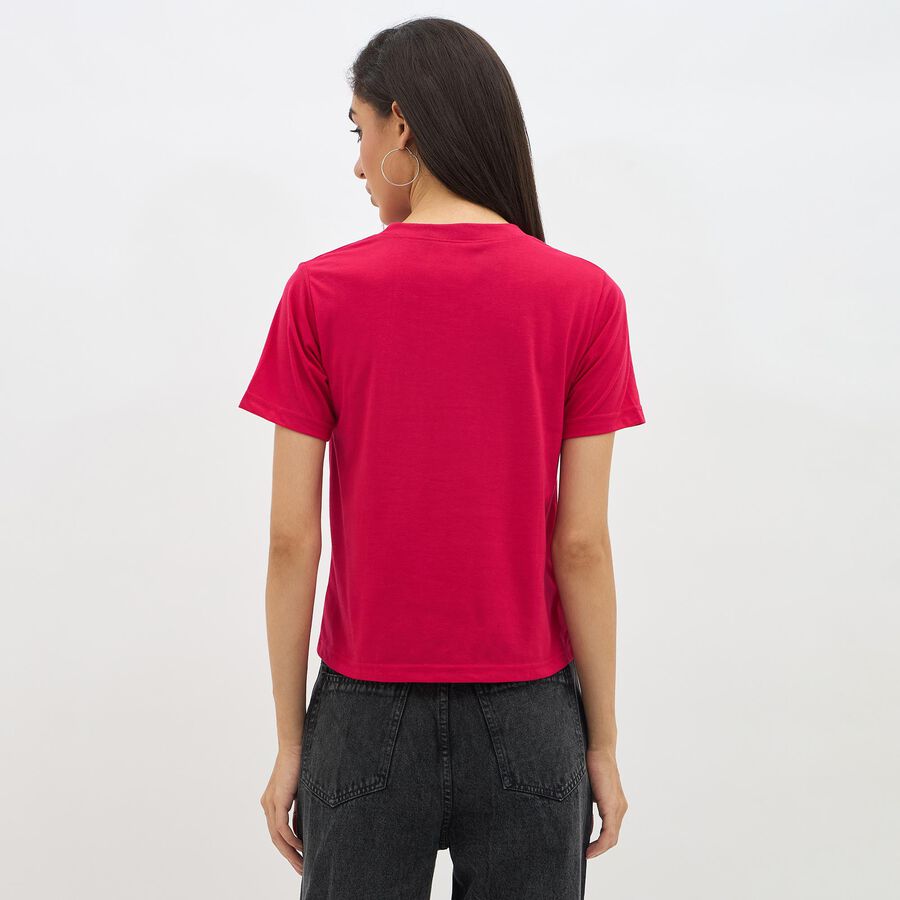 Women's Bright Red Round Neck Casual T-Shirt, Fuchsia, large image number null